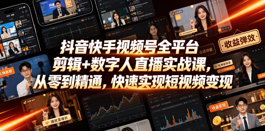 抖音快手视频号全平台剪辑+数字人直播实战课，从零到精通，快速实现短视频变现(更新2026年6月)​-米壳知道—知识分享平台