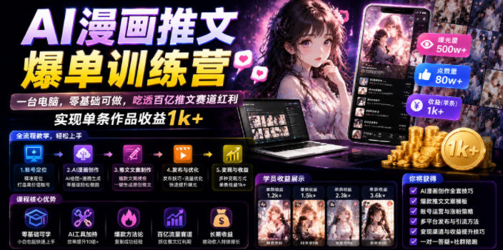 AI漫画推文爆单训练营，一台电脑，零基础可做，吃透百亿推文赛道红利，实现单条作品收益1k+-米壳知道—知识分享平台