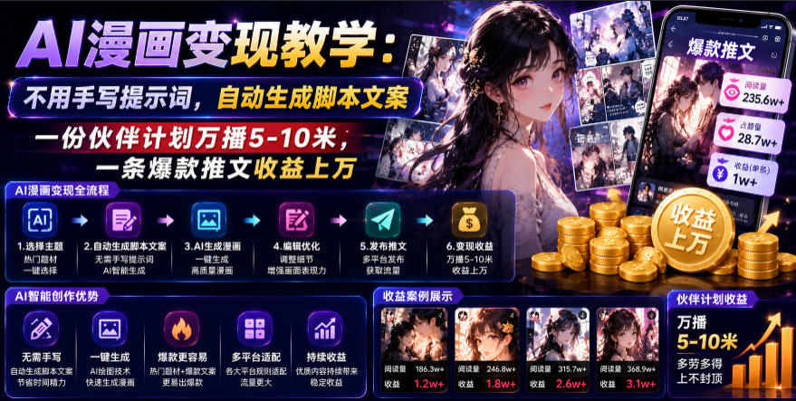 AI漫画变现教学：不用手写提示词，自动生成脚本文案，一份伙伴计划万播5-10米，一条爆款推文收益上W-米壳知道—知识分享平台