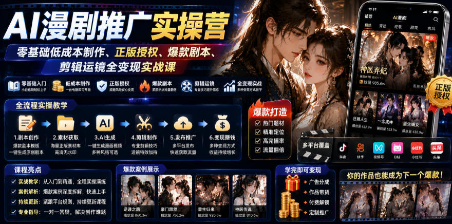AI漫剧推广实操营｜零基础低成本制作、正版授权、爆款剧本、剪辑运镜全变现实战课-米壳知道—知识分享平台