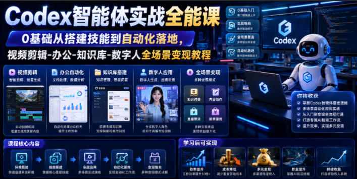 Codex智能体实战全能课｜0基础从搭建技能到自动化落地，视频剪辑-办公-知识库-数字人全场景变现教程-米壳知道—知识分享平台