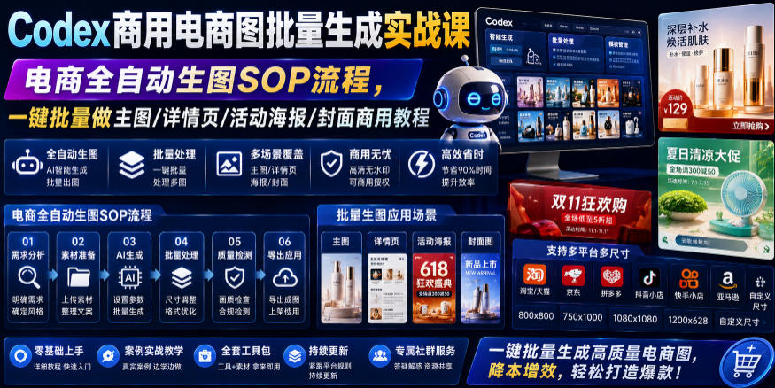Codex商用电商图批量生成实战课｜电商全自动生图SOP流程，一键批量做主图/详情页/活动海报/封面商用教程-米壳知道—知识分享平台