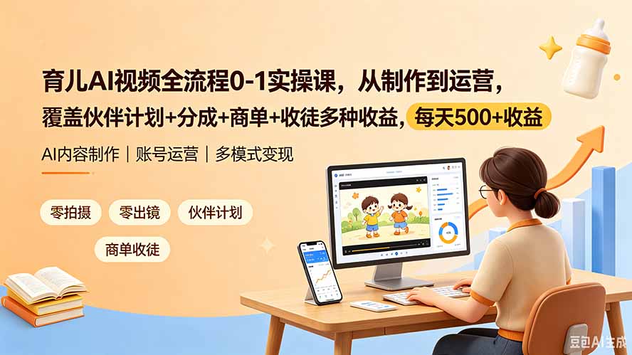 育儿AI视频全流程0-1实操课，从制作到运营，覆盖伙伴计划+分成+商单+收徒多种收益，每天500+收益-米壳知道—知识分享平台