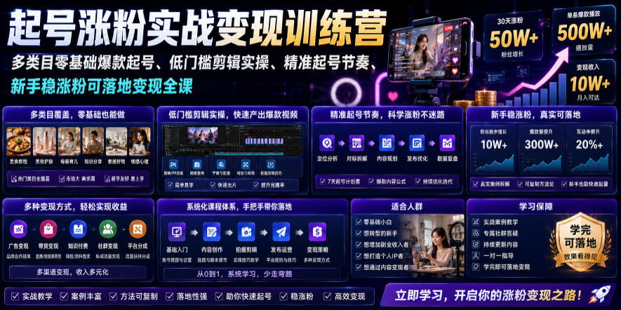 苗子起号涨粉实战变现训练营,多类目零基础爆款起号、精准起号节奏、新手稳涨粉可落地变现全课-米壳知道—知识分享平台