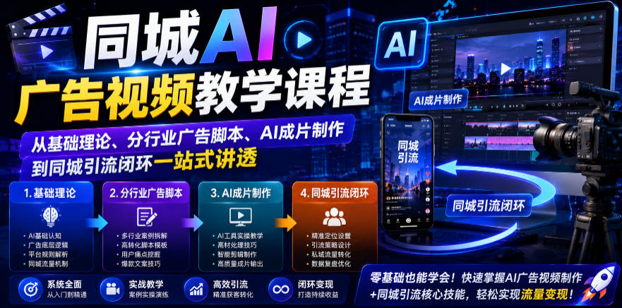 同城AI广告视频教学课程，从基础理论、分行业广告脚本、AI成片制作到同城引流闭环一站式讲透-米壳知道—知识分享平台