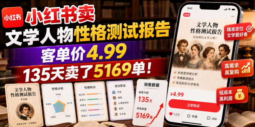 小红书卖文学人物性格测试报告，客单价4.99，135天卖了5169单！-米壳知道—知识分享平台
