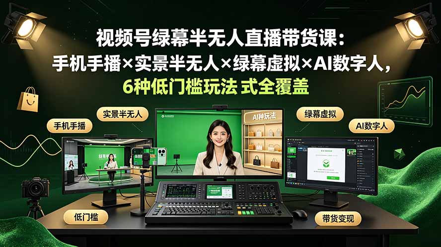 视频号绿幕半无人直播带货课：手机手播×实景半无人×绿幕虚拟×AI数字人，6种低门槛玩法全覆盖-米壳知道—知识分享平台