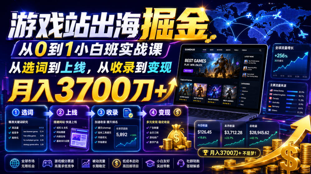 游戏站出海掘金从0到1小白实战课，从选词到上线，从收录到变现，月入3700刀+-米壳知道—知识分享平台