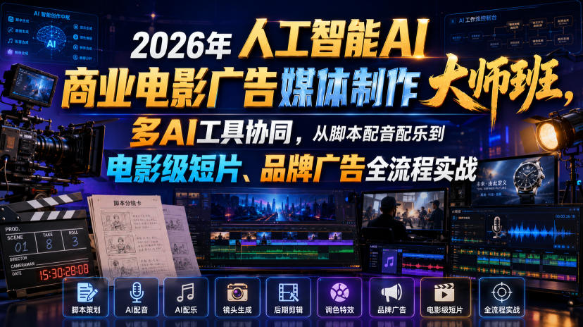 2026年人工智能AI商业电影广告媒体制作大师班，多AI工具协同，从脚本配音配乐到电影级短片、品牌广告全流程实战(中英字幕)-米壳知道—知识分享平台