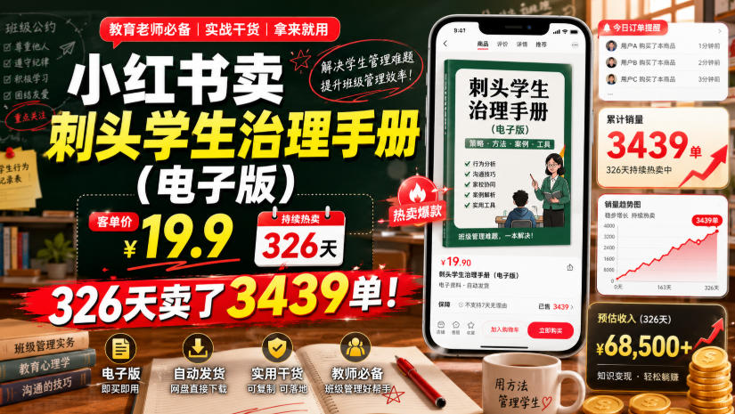 小红书卖刺头学生治理手册(电子版)，客单价19.9，326天卖了3439单！-米壳知道—知识分享平台