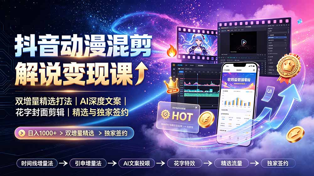 抖音动漫混剪解说变现课:双增量精选打法|AI深度文案|花字封面剪辑| 精选与独家签约日入1000+-米壳知道—知识分享平台