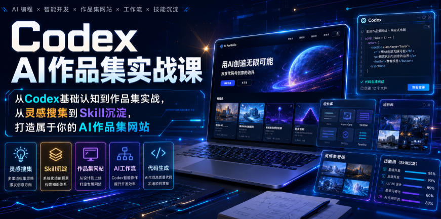 Codex AI作品集实战课，从Codex基础认知到作品集实战，从灵感搜集到Skill沉淀，打造属于你的AI作品集网站-米壳知道—知识分享平台