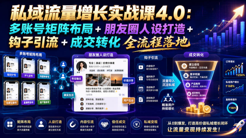私域流量增长实战课4.0：多账号矩阵布局+朋友圈人设打造+钩子引流+成交转化全流程落地-米壳知道—知识分享平台