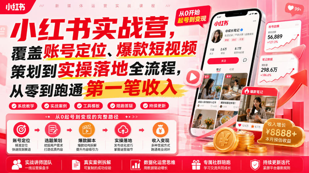 小红书实战营，覆盖账号定位、爆款短视频策划到实操落地全流程，从零到跑通第一笔收入-米壳知道—知识分享平台