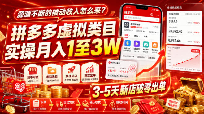 源源不断的被动收入怎么来？拼多多虚拟类目实操月入1至3W，3-5天新店破零出单-米壳知道—知识分享平台