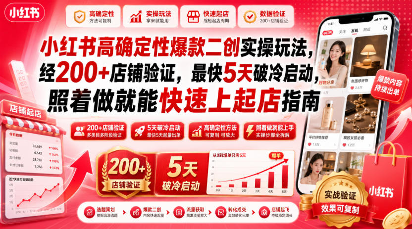 小红书高确定性爆款二创实操玩法，经200+店铺验证，最快5天破冷启动，照着做就能快速上起店指南-米壳知道—知识分享平台