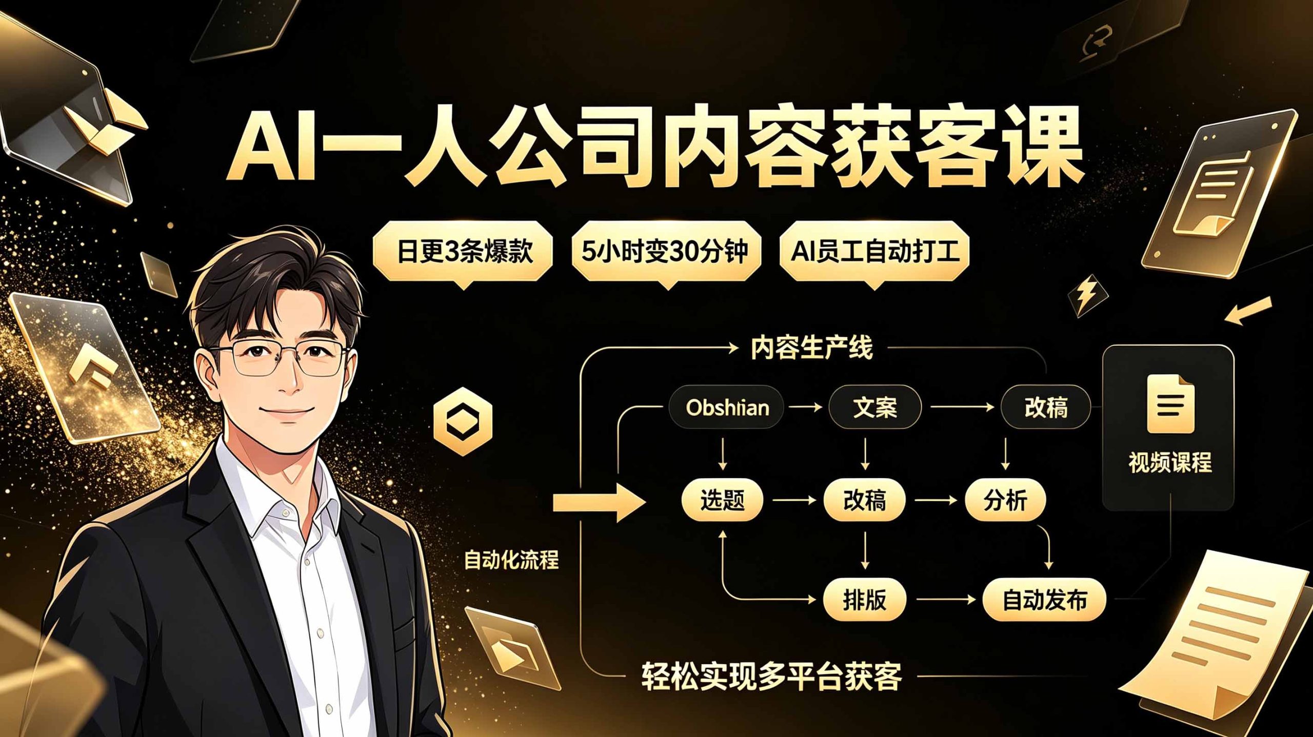 AI一人公司内容获客课：日更3条爆款×5小时变30分钟×AI员工自动打工，轻松实现多平台获客-米壳知道—知识分享平台