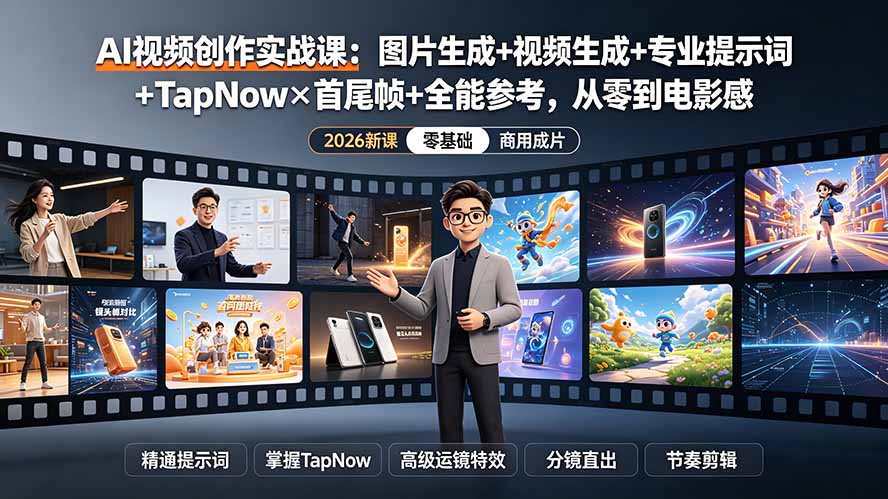 AI视频创作实战课：图片生成+视频生成+专业提示词+TapNow×首尾帧+全能参考，从零到电影感成片-米壳知道—知识分享平台