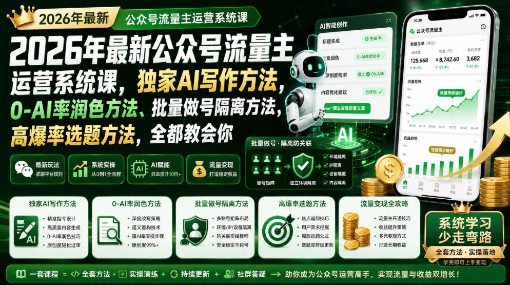 2026年最新公众号流量主运营系统课，独家AI写作方法，0-AI率润色方法、批量做号隔离方法、高爆率选题方法，全都教会你-米壳知道—知识分享平台