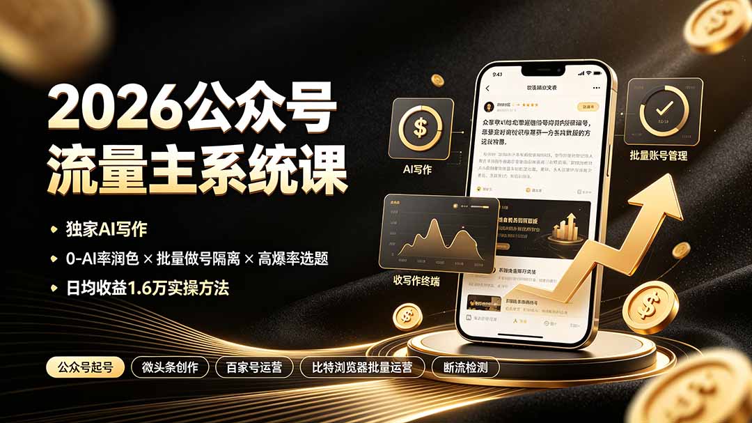 2026公众号流量主系统课：独家AI写作×0-AI率润色×批量做号隔离×高爆率选题，日均收益1.6万实操方法-米壳知道—知识分享平台
