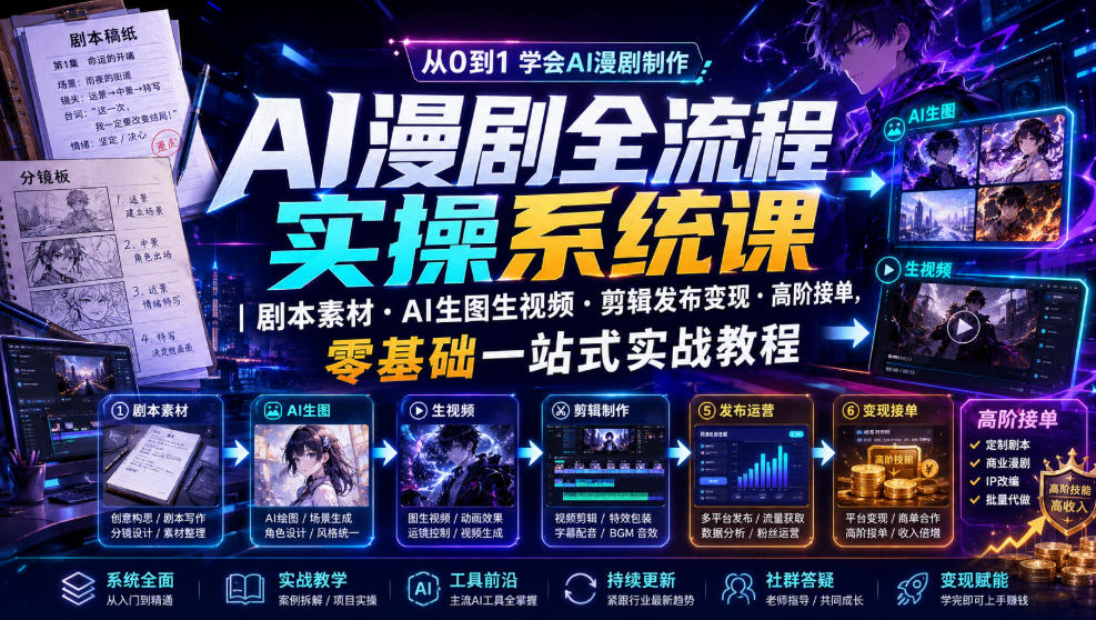 AI漫剧全流程实操系统课｜剧本素材・AI生图生视频・剪辑发布变现・高阶接单，零基础一站式实战教程-米壳知道—知识分享平台
