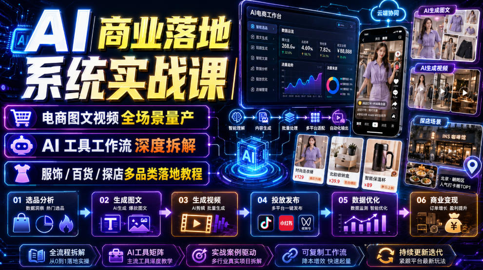 AI商业落地系统实战课｜电商图文视频全场景量产・AI工具工作流深度拆解・服饰/百货/探店多品类落地教程-米壳知道—知识分享平台