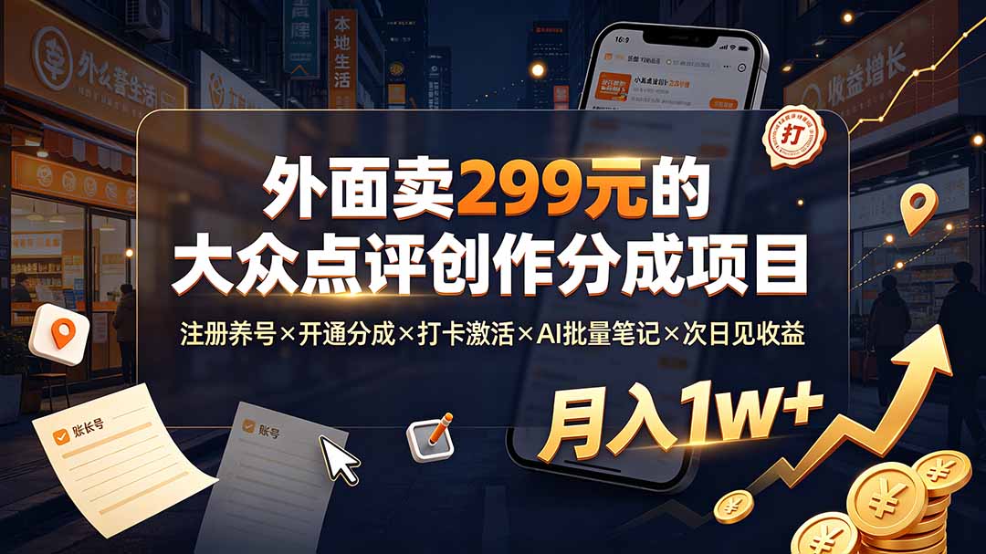 外面卖299元的大众点评创作分成项目：注册养号×开通分成×打卡激活×AI批量笔记×次日见收益，月入1w+-米壳知道—知识分享平台