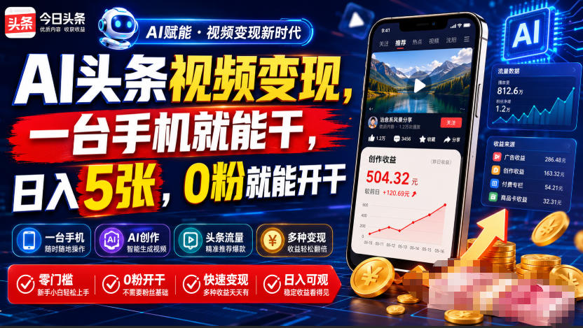 AI头条视频变现，一台手机就能干，日入5张，0粉就能开干-米壳知道—知识分享平台
