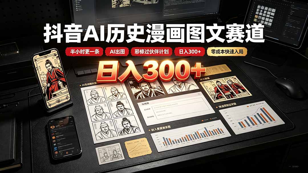 抖音AI历史漫画图文赛道：半小时更一条×AI出图×邪修过伙伴计划×日入300+，零成本快速入局-米壳知道—知识分享平台