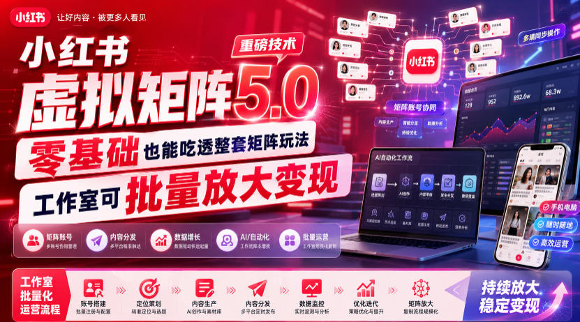 小红书虚拟矩阵5.0重磅技术，零基础也能吃透整套矩阵玩法，工作室可批量放大变现-米壳知道—知识分享平台