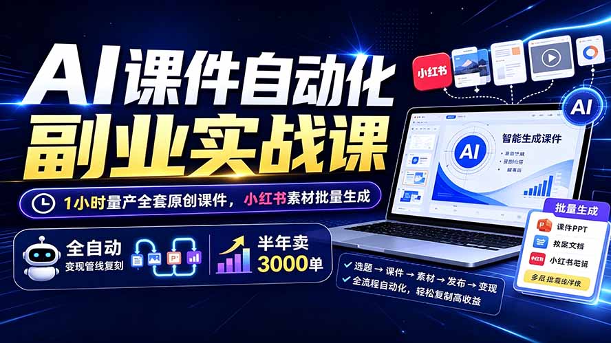 AI课件自动化副业实战课：1小时量产全套原创课件×小红书素材批量生成×全自动变现管线×半年卖3000单-米壳知道—知识分享平台