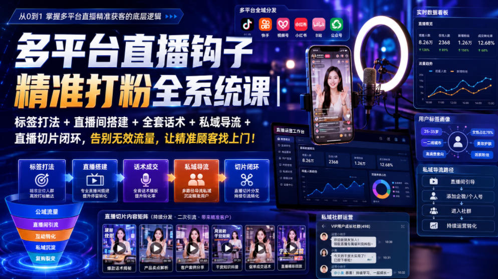 多平台直播钩子精准打粉全系统课|标签打法+直播间搭建+全套话术+私域导流+直播切片闭环,告别无效流量,让精准顾客找上门!-米壳知道—知识分享平台