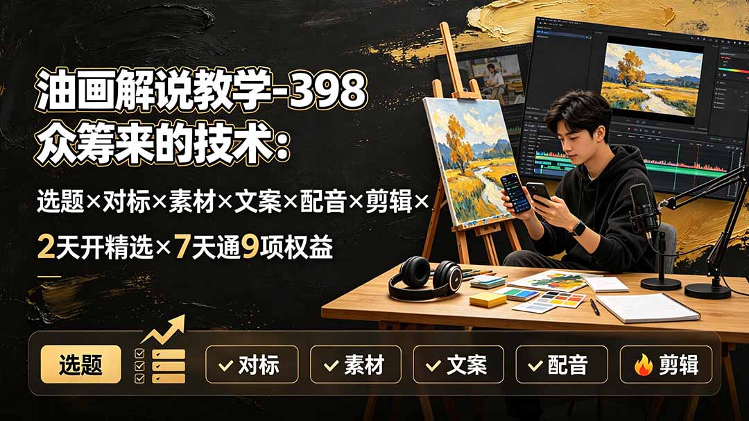油画解说教学-398众筹来的技术：选题×对标×素材×文案×配音×剪辑×2天开精选×7天通9项权益-米壳知道—知识分享平台