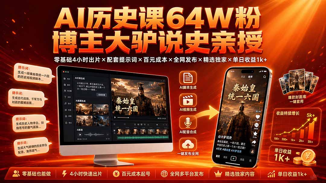 AI历史课64W粉博主大驴说史亲授：零基础4小时出片×配套提示词×百元成本×全网发布×精选独家×单日收益1k+-米壳知道—知识分享平台