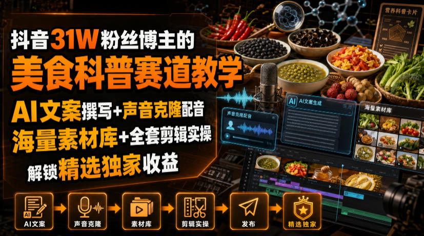 抖音31W粉丝博主的美食科普赛道教学,AI文案撰写+声音克隆配音+剪辑实操,解锁精选独家收益-米壳知道—知识分享平台