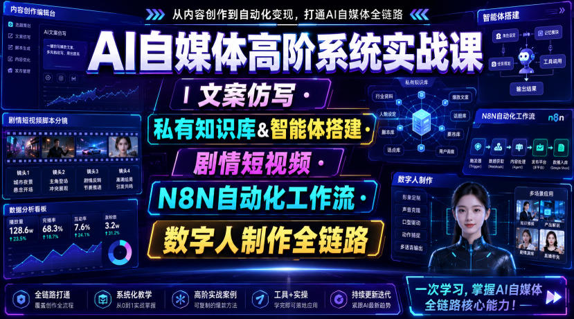 AI自媒体高阶系统实战课｜文案仿写・私有知识库&智能体搭建・剧情短视频・N8N自动化工作流・数字人制作全链路-米壳知道—知识分享平台