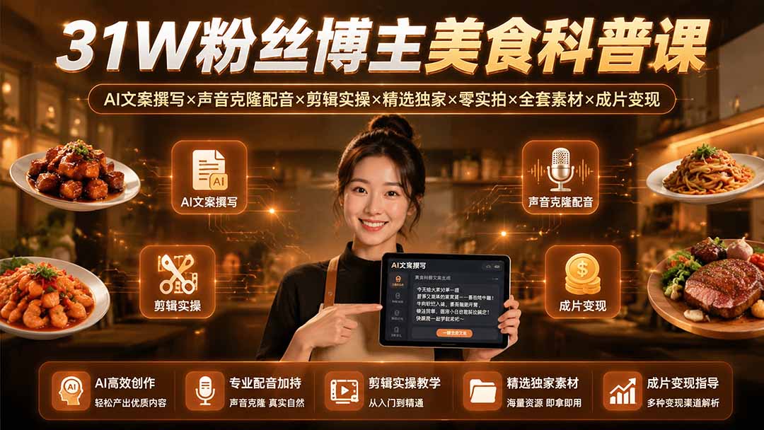 31W粉丝博主美食科普课：AI文案撰写×声音克隆配音×剪辑实操×精选独家×零实拍×全套素材×成片变现-米壳知道—知识分享平台