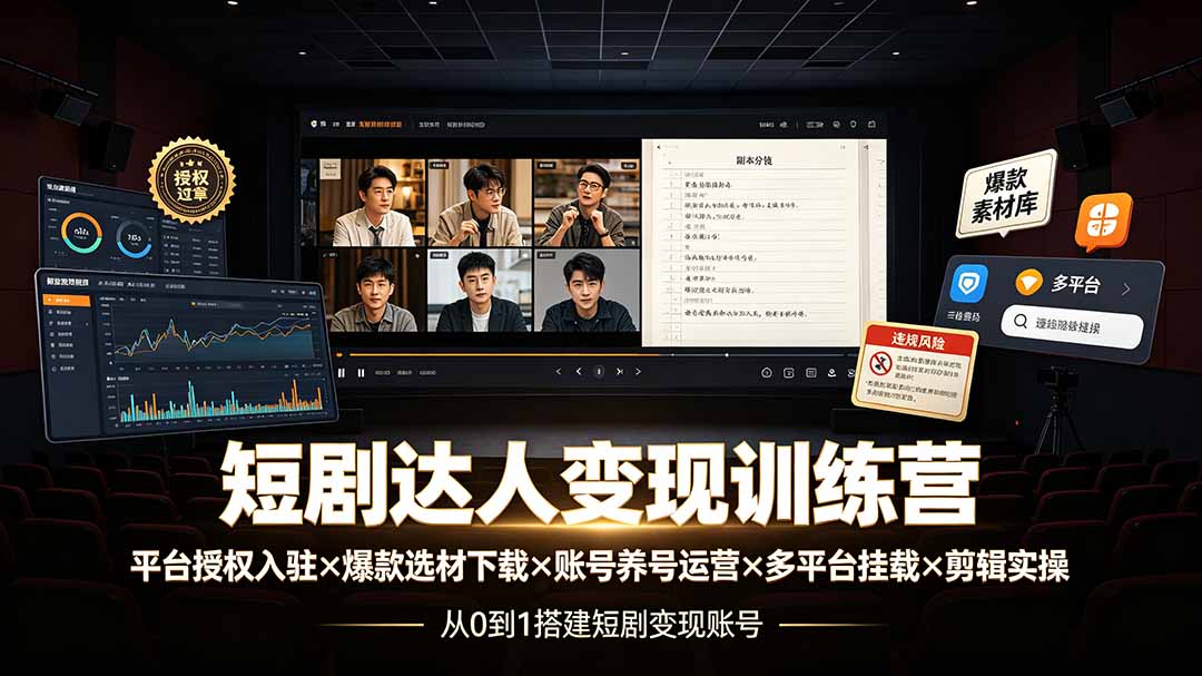 短剧达人变现训练营：平台授权入驻×爆款选材下载×账号养号运营×多平台挂载×剪辑实操×违规处理全流程-米壳知道—知识分享平台