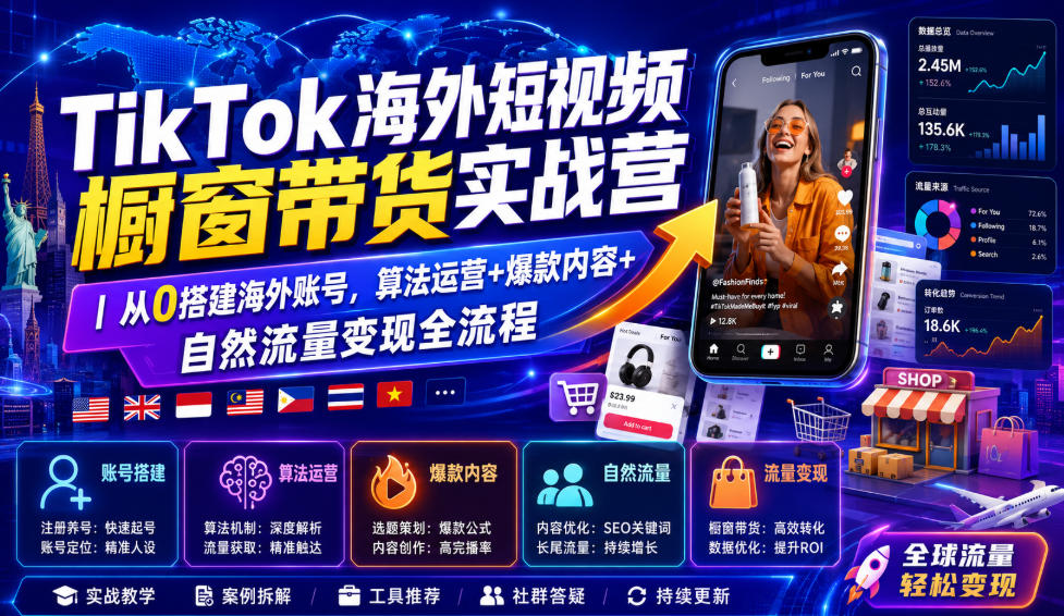 TikTok海外短视频橱窗带货实战营｜从0搭建海外账号，算法运营+爆款内容+自然流量变现全流程-米壳知道—知识分享平台