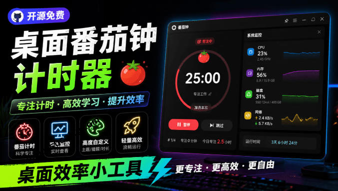 仅1.16MB，开源极简的桌面时钟、番茄钟计时器，还支持系统监控显示，桌面效率小工具Catime-米壳知道—知识分享平台