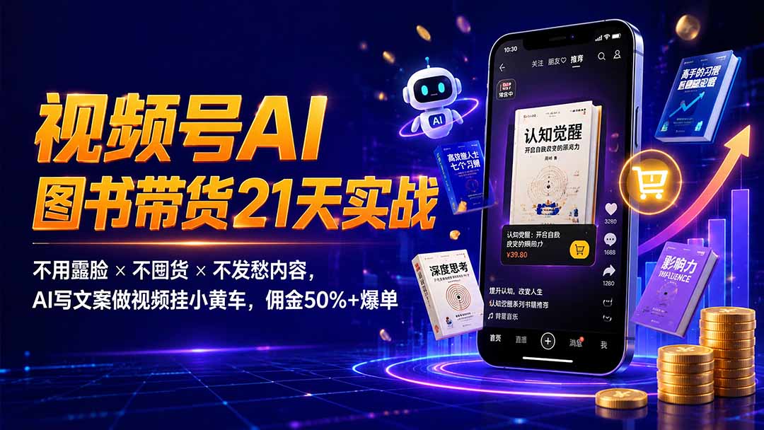 繁花视频号AI图书带货21天实战：不用露脸×不囤货×不发愁内容，AI写文案做视频挂小黄车，佣金50%+爆单-米壳知道—知识分享平台