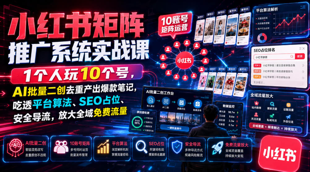 小红书矩阵推广系统实战课｜1个人玩10个号，AI批量二创去重产出爆款笔记，吃透平台算法、SEO占位、安全导流，放大全域免费流量-米壳知道—知识分享平台