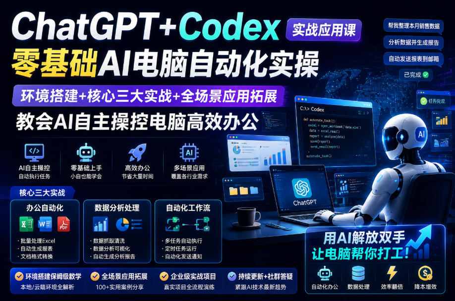 ChatGPT+Codex实战应用课｜零基础AI电脑自动化实操，环境搭建+核心三大实战+全场景应用拓展，教会AI自主操控电脑高效办公-米壳知道—知识分享平台