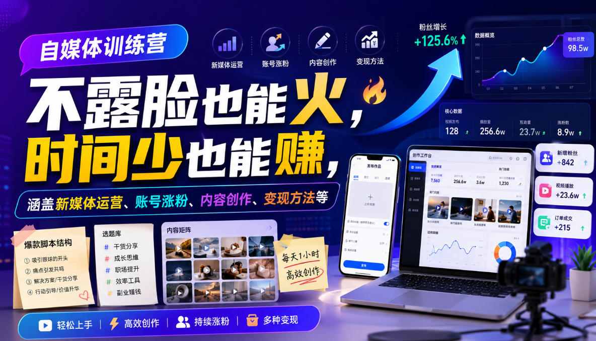 自媒体训练营，不露脸也能火，时间少也能賺，涵盖新媒体运营、账号涨粉、内容创作、变现方法等-米壳知道—知识分享平台