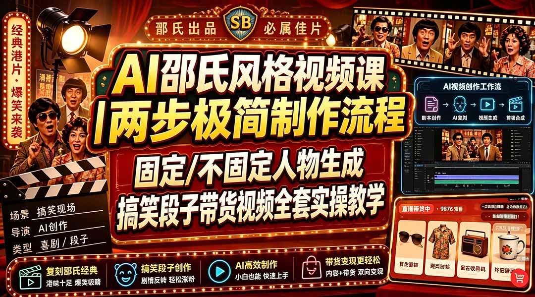AI邵氏风格视频课｜两步极简制作流程，固定/不固定人物生成，搞笑段子带货视频全套实操教学-米壳知道—知识分享平台