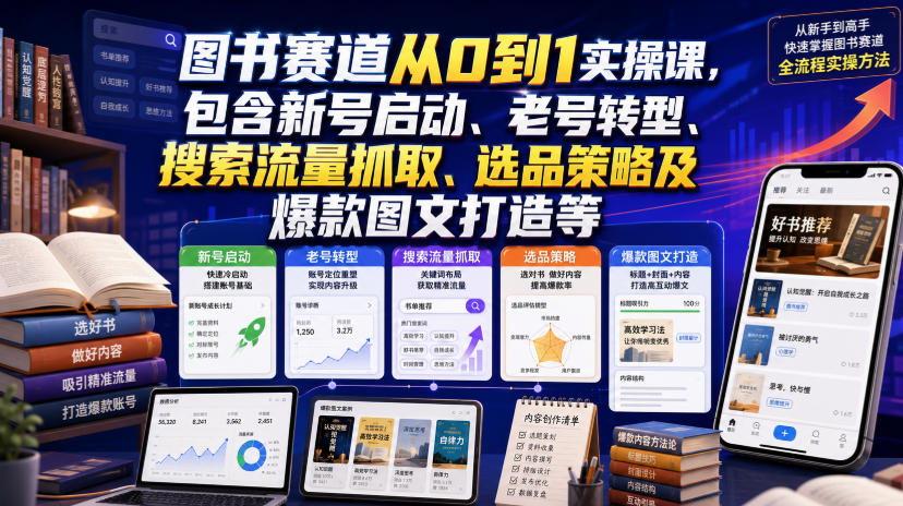图书赛道从0到1实操课，包含新号启动、老号转型、搜索流量抓取、选品策略及爆款图文打造等-米壳知道—知识分享平台