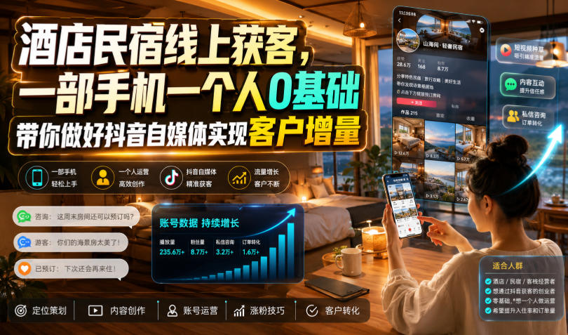 酒店民宿线上获客，一部手机一个人0基础带你做好抖音自媒体实现客户增量-米壳知道—知识分享平台