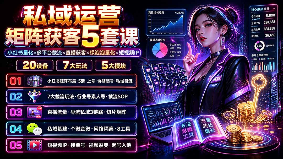私域运营矩阵获客5套课：小红书量化×多平台截流×直播获客×绿泡泡量化×短视频IP×20设备×7大玩法-米壳知道—知识分享平台
