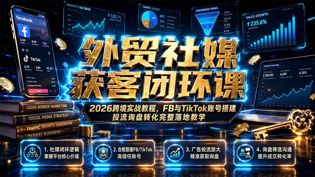 外贸社媒获客闭环课｜2026跨境实战教程，FB与TikTok账号搭建投流询盘转化完整落地教学-米壳知道—知识分享平台