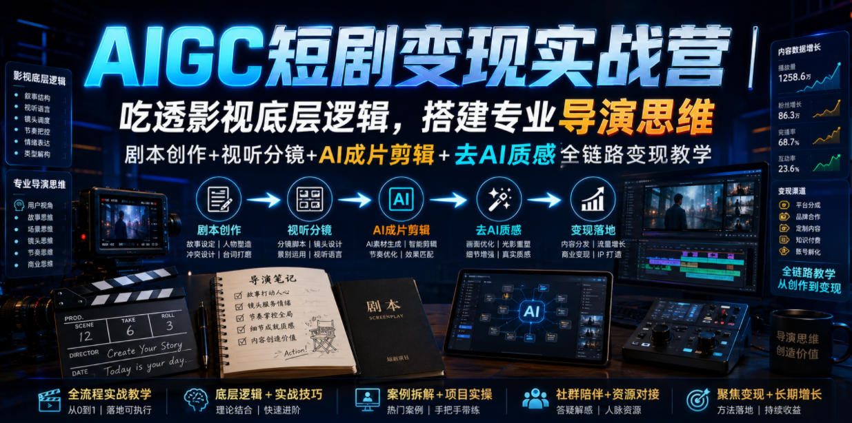 AIGC短剧变现实战营|吃透影视底层逻辑,搭建专业导演思维,剧本创作+视听分镜+AI成片剪辑+去AI质感全链路变现教学-米壳知道—知识分享平台